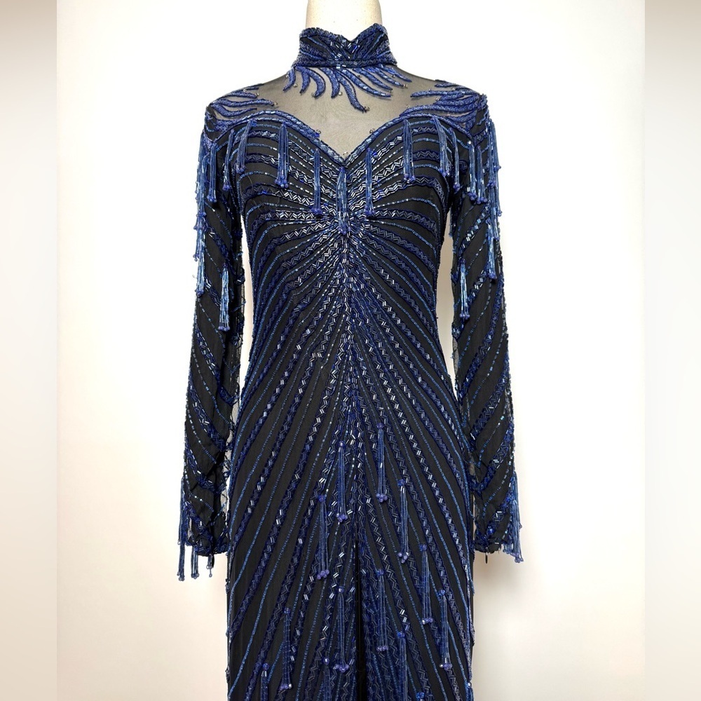 Vintage Lillie Rubin Embellished Cobalt Blue Silk Gown Size 4 - Picture 9 of 16